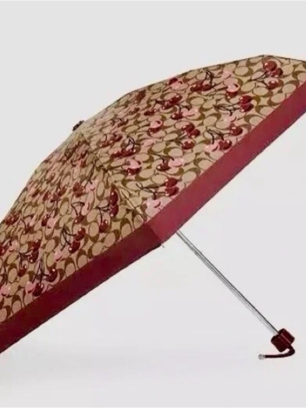 Coach Signature Cherry Print Compact Umbrella - Pink/Tan
